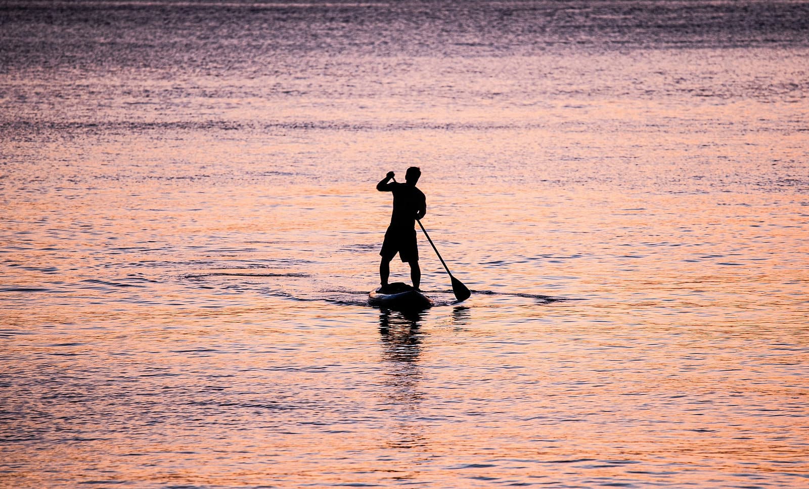 Iemand peddelt op een supboard over stil water terwijl de zon ondergaat