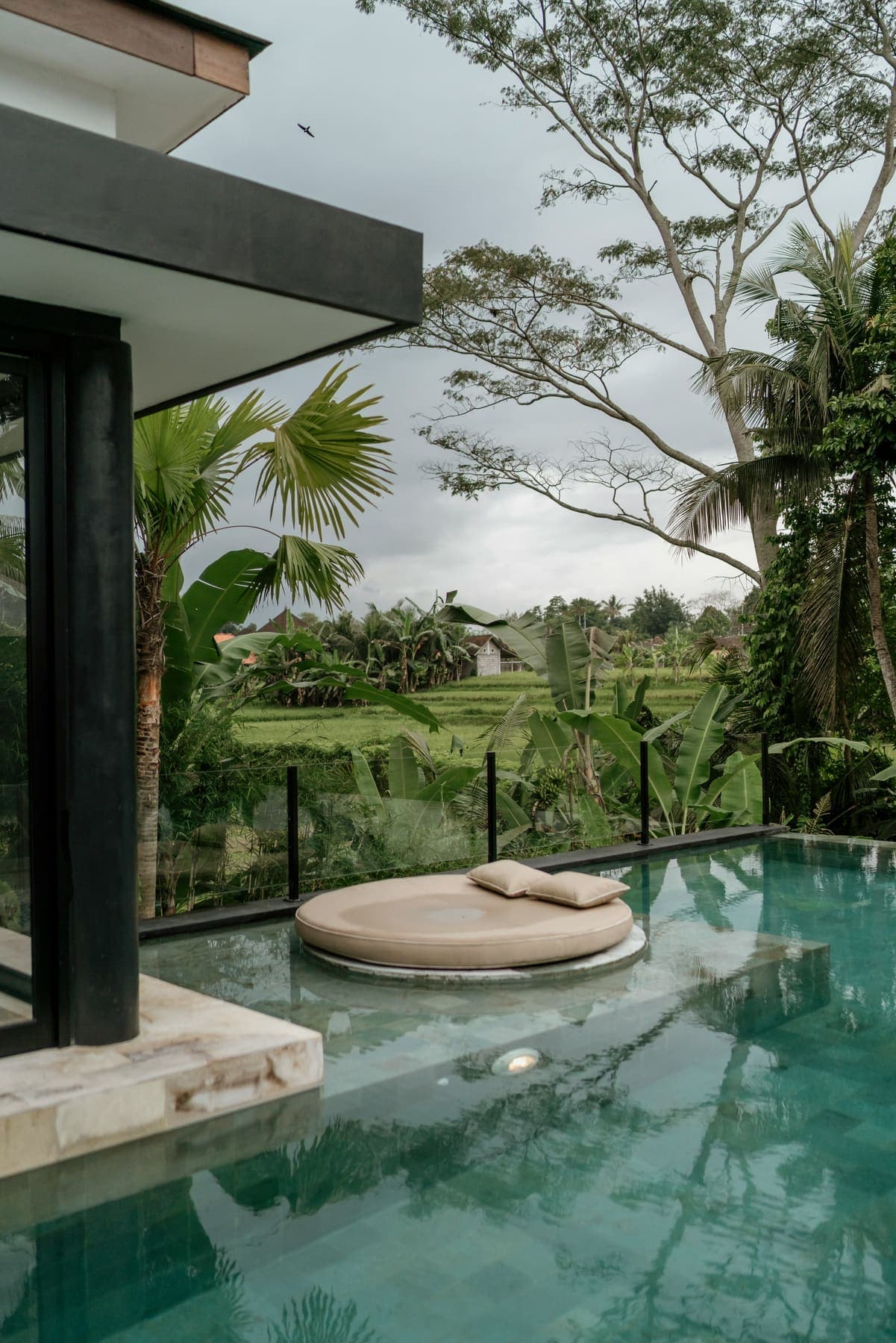 Infinity pool met uitzicht over de rijstvelden bij een hotel in Ubud