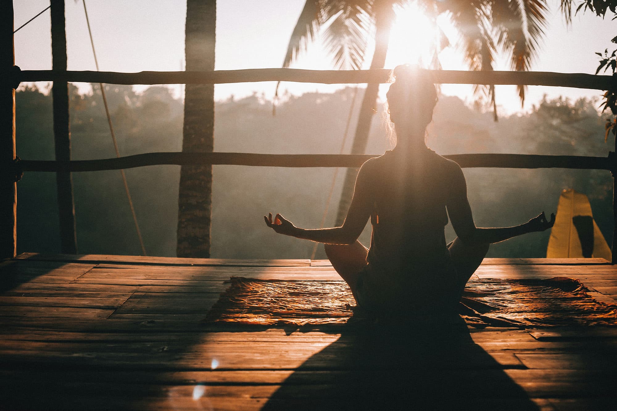 Iemand mediteert bij zonsopkomst in een open yogashala met uitzicht op de jungle