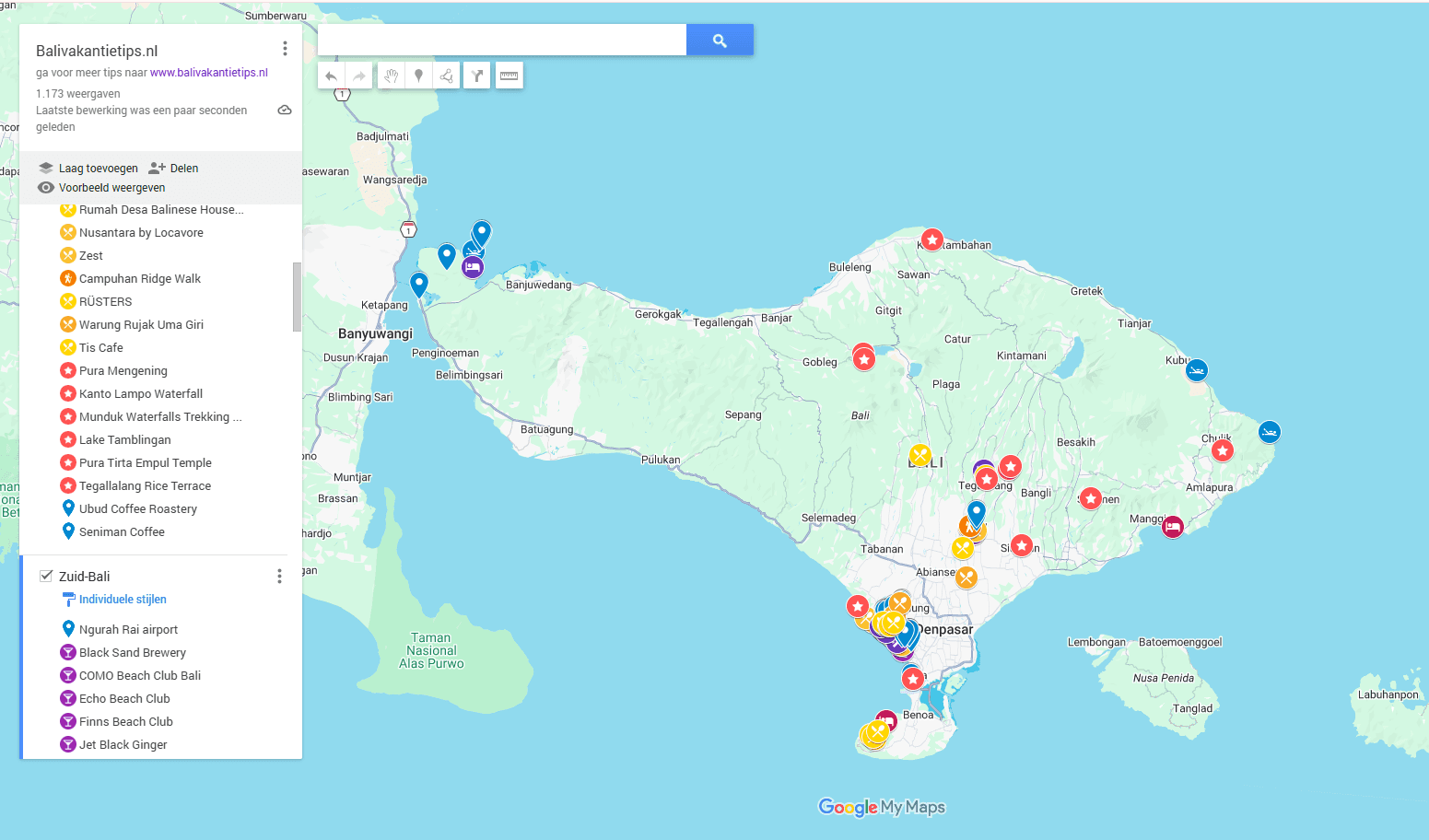 Onze Google Maps-kaart van Bali met honderden opgeslagen plekken