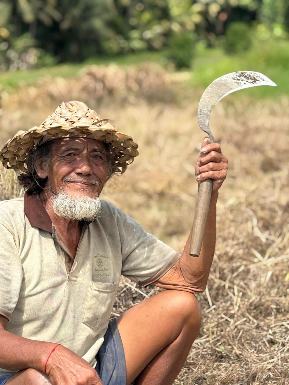 Een Balinese boer met strohoed houdt lachend zijn sikkel omhoog in een geoogst veld
