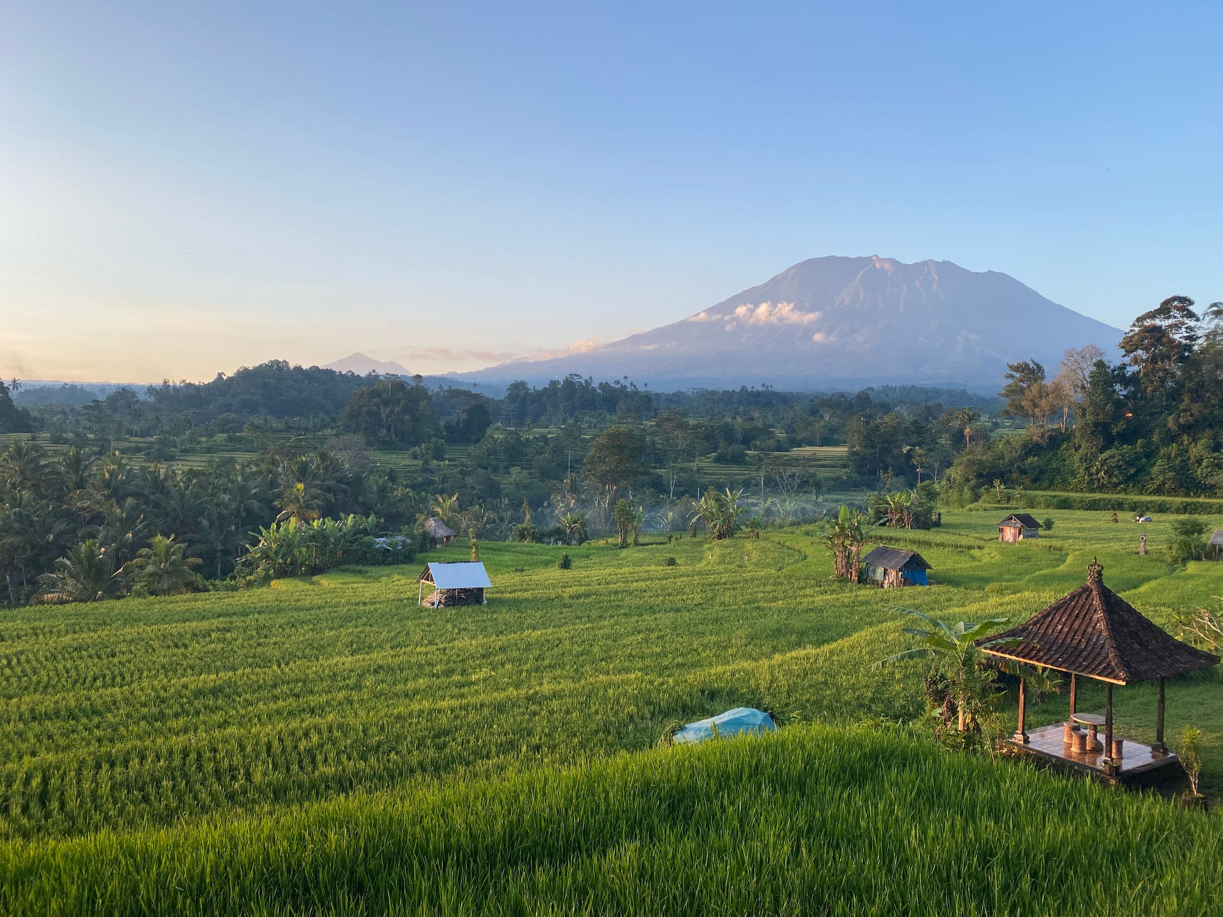 Groene rijstvelden met een bale en de vulkaan Agung in het ochtendlicht bij Sidemen op Bali